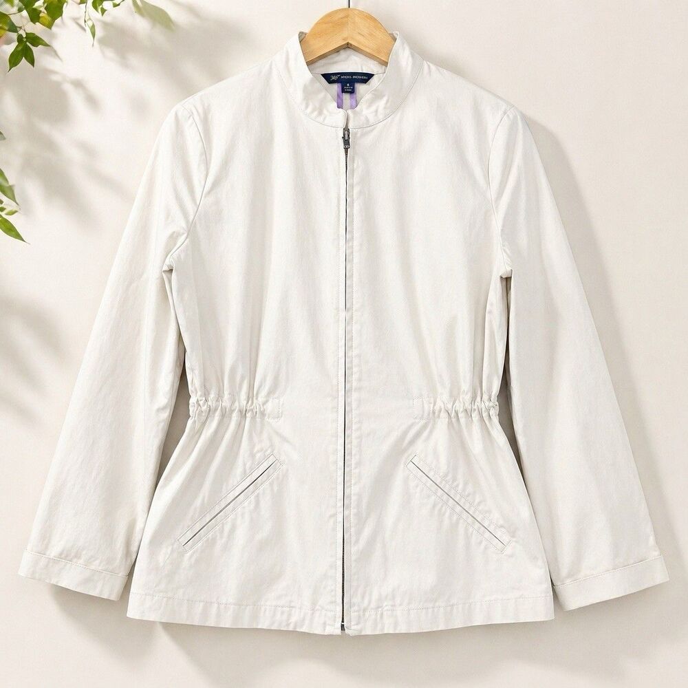 Brooks Brothers 346 Women White Zip Jacket Size 8 Lightweight Cinch Waist